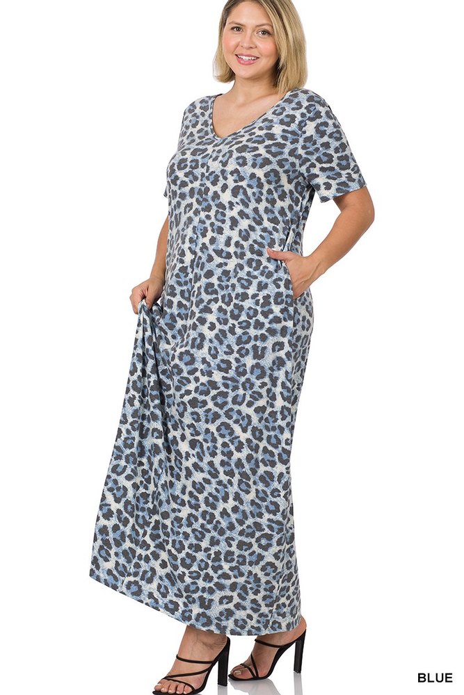 PLUS LEOPARD V-NECK SHORT SLEEVE MAXI DRESS Blue 1X